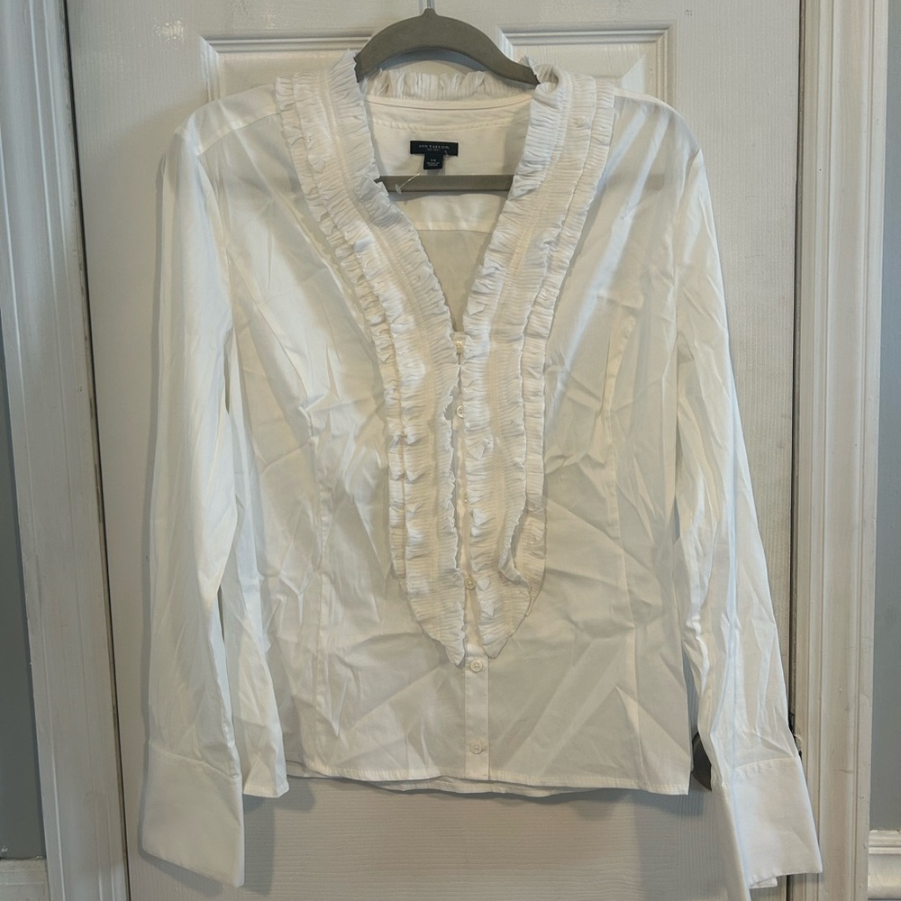 NWOT Ann Taylor White Ruffled Button-Down Blouse